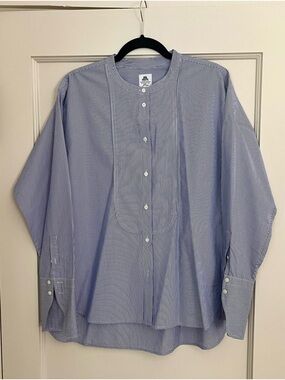 J. Crew Women's Navy & White Striped Tuxedo Style Shirt, Thomas Mason for J.Crew